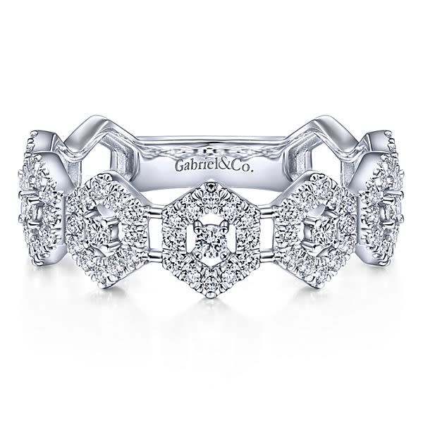 This 14k white gold diamond stackable ring features diamond hexagonal sections
