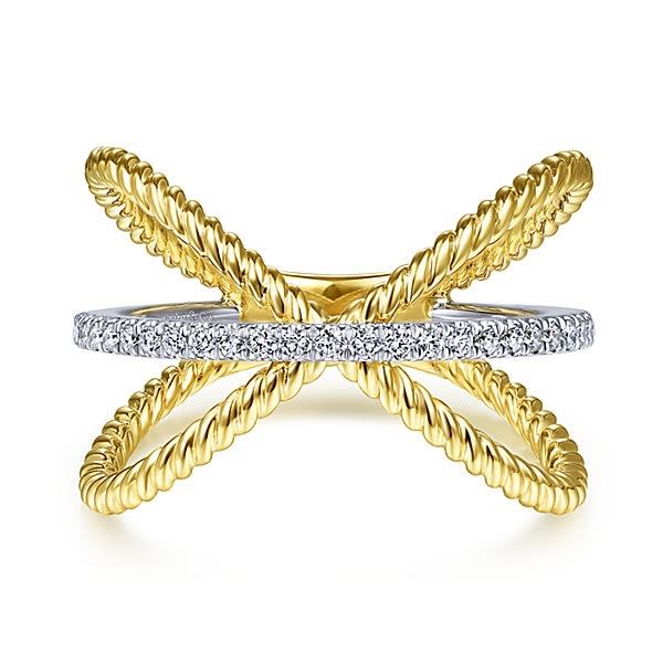 This 14k two tone diamond x ring features 0.15 carats of diamonds.