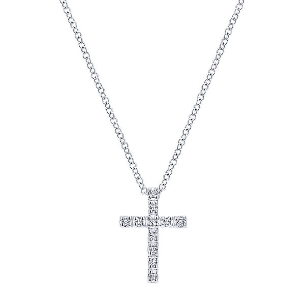 This simple and stylish 14k white gold diamond cross necklace showcases 0.10 carats of diamond brilliance with a 14k white gold link chain.