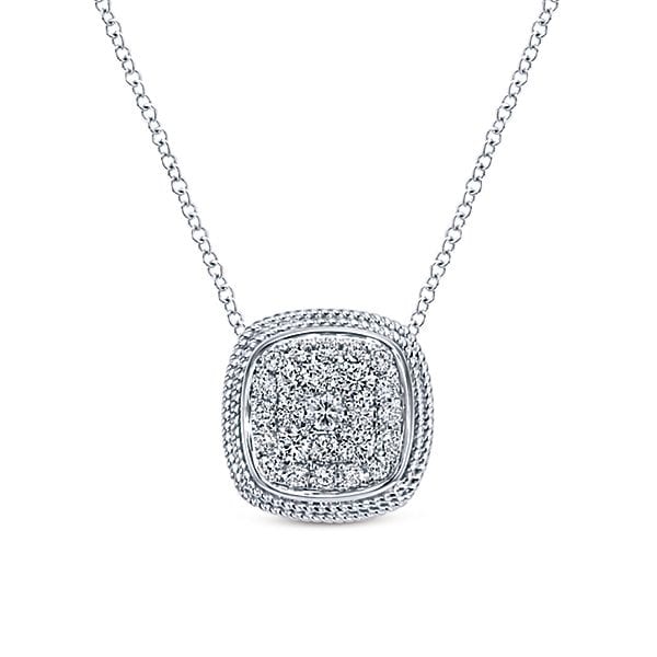 Diamonds gather together in this 14k white gold rope pendant diamond necklace.
