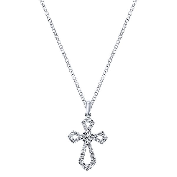 This open diamond cross necklace with a cluster center of round brilliant diamonds boasts one quarter carats of round brilliant diamond shine.