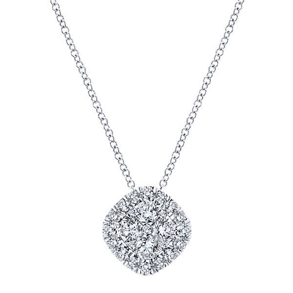 Three quarter carats of round brilliant diamonds dangle from 14k white gold in this necklace.