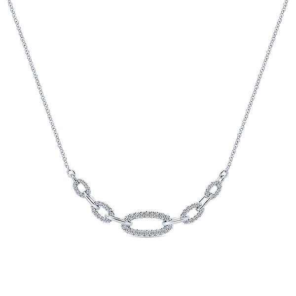 With ver one half carats of diamonds, this 14k white gold diamond necklace features a link style centerpiece.