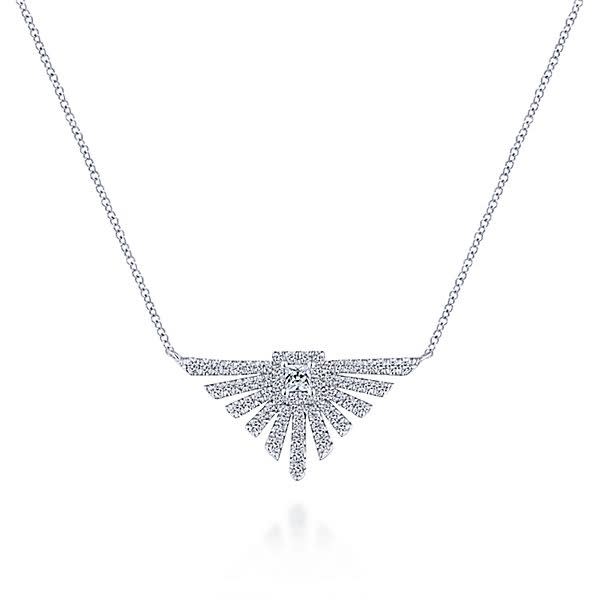This spectacular 14k white gold diamond necklace spreads in a starburst shape.