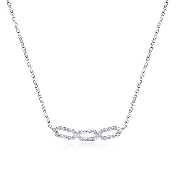 This 14k white gold diamond bar section necklace features one third carats of diamonds.