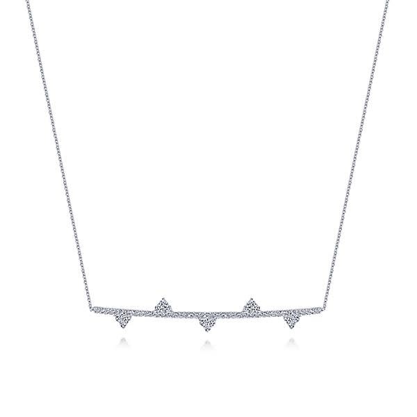 This 14k white gold diamond bar necklace is a choker.