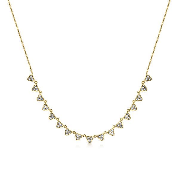 14k yellow gold diamond cluster necklace with nearly three quarter carats of diamond shine.