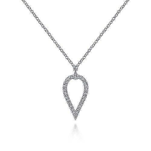 This 14k white gold diamond necklace features round brilliant diamonds in an open pear drop setting.