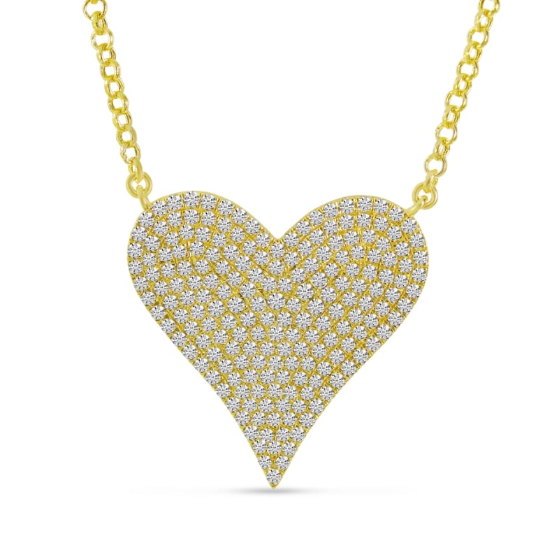 This stylish 14k yellow gold diamond heart necklace features shimmering round brilliant diamonds hanging from an elegant link chain.