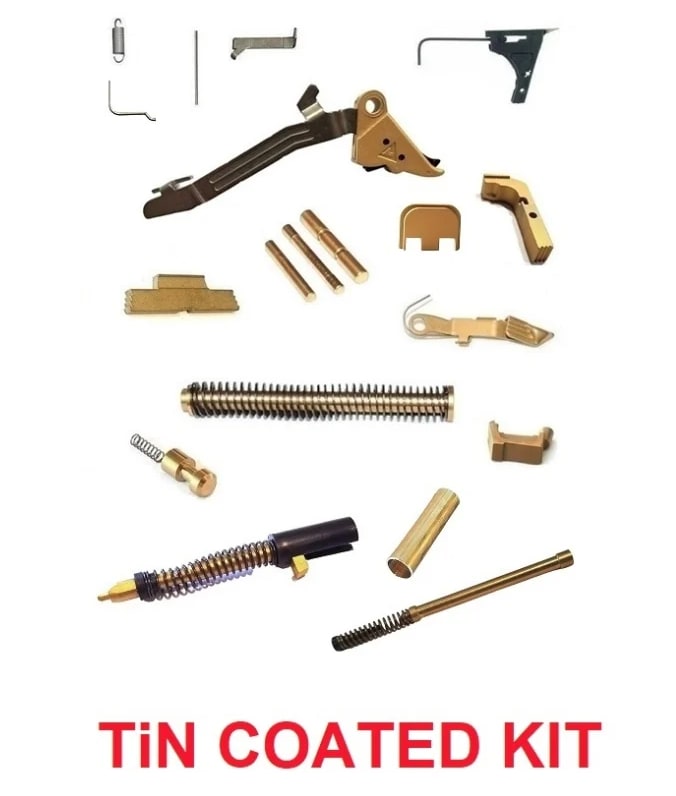Lower and Upper Parts Kit For GLOCK 19 Gen 1 2 3 Choose Custom Coated Kit, TiN Coated Guide Rod and Extended Controls with Tango Down Flat Faced Trigger, TiN Gold Lower and Upper Parts Kit For GLOCK 19 Gen 1 2 3 Choose Custom Coated Kit, TiN Coated Guide Rod and Extended Controls with Tango Down Flat Faced Trigger, TiN Gold
