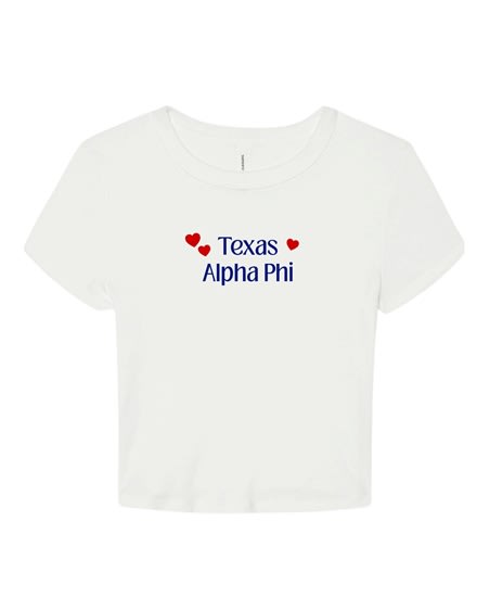 White Baby Tee - TX (Navy) Red Hearts - Alpha Phi