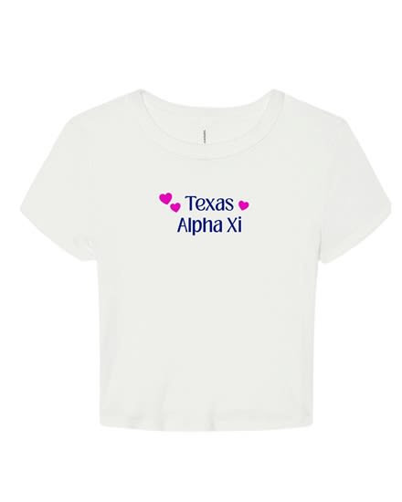 White Baby Tee - TX (Navy) Pink Hearts - Alpha Xi Delta