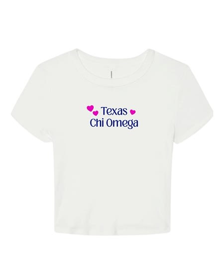 White Baby Tee - TX (Navy) Pink Hearts - Chi Omega