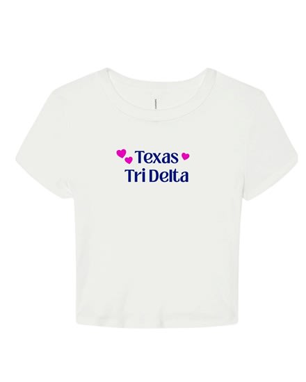White Baby Tee - TX (Navy) Pink Hearts - Tri Delta