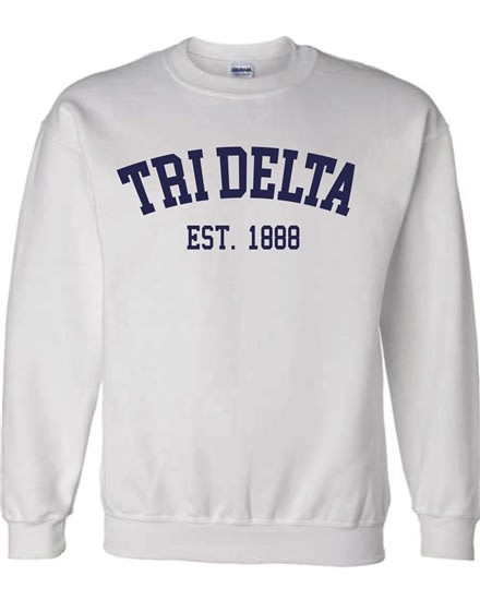 White Sweatshirt (Varsity) Navy Print- Tri Delta
