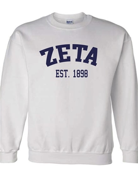 White Sweatshirt (Varsity) Navy Print- Zeta