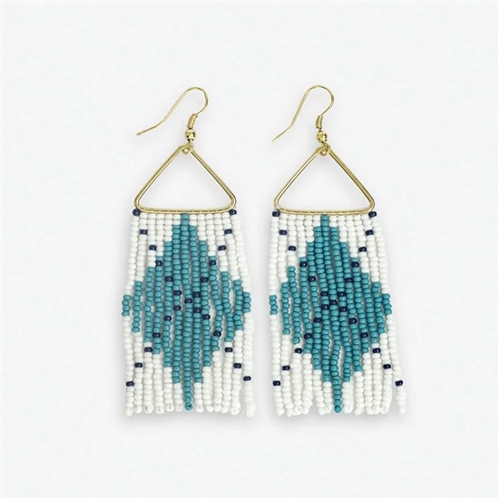 Beaded Fringe Earrings Light Blue and White