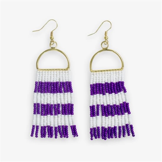 Striped Beaded Fringe Earrings Purple and White Striped Beaded Fringe Earrings Purple and White