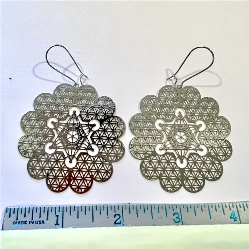 ER-266-S Metatron Hearts Silver Plated 2" Earrings