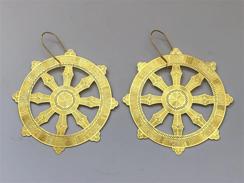 ER-311 Wheel of Dharma 18k Gold plated 3" earrings