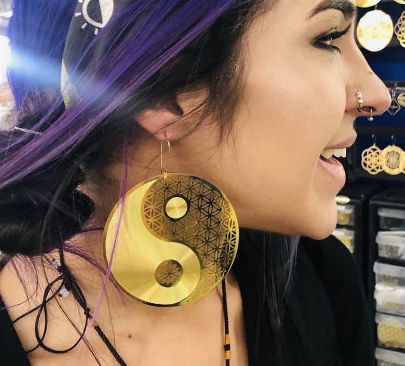 Yin Yang with Flower of Life 18k Gold Plated 3 inches (72mm) Earrings