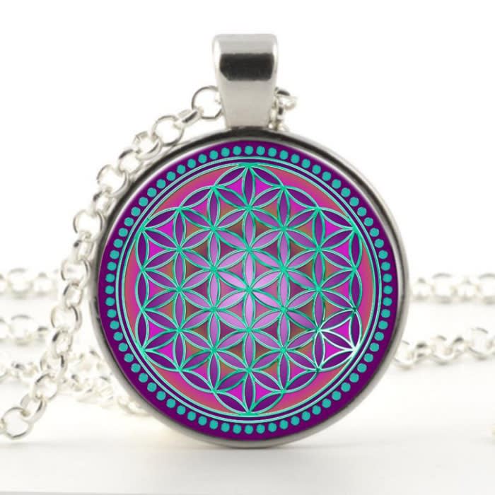 flower of life pendant with magenta, teal, and dark blue flower of life pendant with magenta, teal, and dark blue