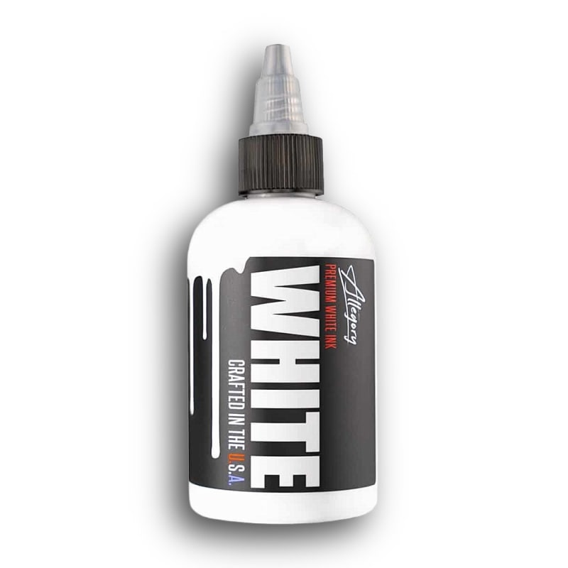 Allegory Ink White bottle â€“ premium opaque white tattoo ink for bright highlights, smooth blending, and long-lasting professional results