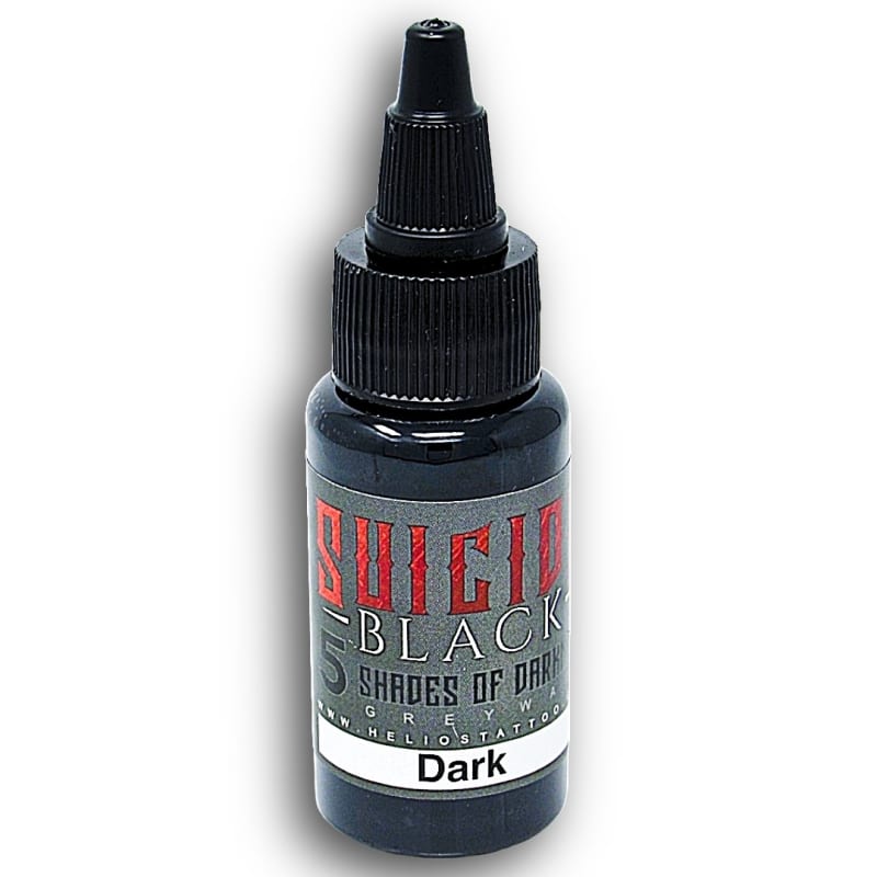 Bottle of Helios Suicide Black Greywash Dark tattoo ink – 80% opacity deep grey for bold shading and contrast Bottle of Helios Suicide Black Greywash Dark tattoo ink – 80% opacity deep grey for bold shading and contrast
