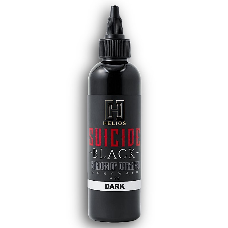 Bottle of Helios Suicide Black Greywash Dark tattoo ink – 80% opacity deep grey for bold shading and contrast Bottle of Helios Suicide Black Greywash Dark tattoo ink – 80% opacity deep grey for bold shading and contrast