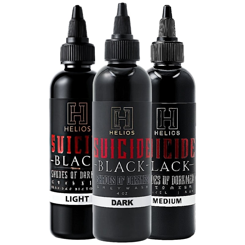 Helios Suicide Black 3 Shades of Darkness Greywash Set â€“ Light, Medium, and Dark tattoo ink bottles for smooth black and grey shading