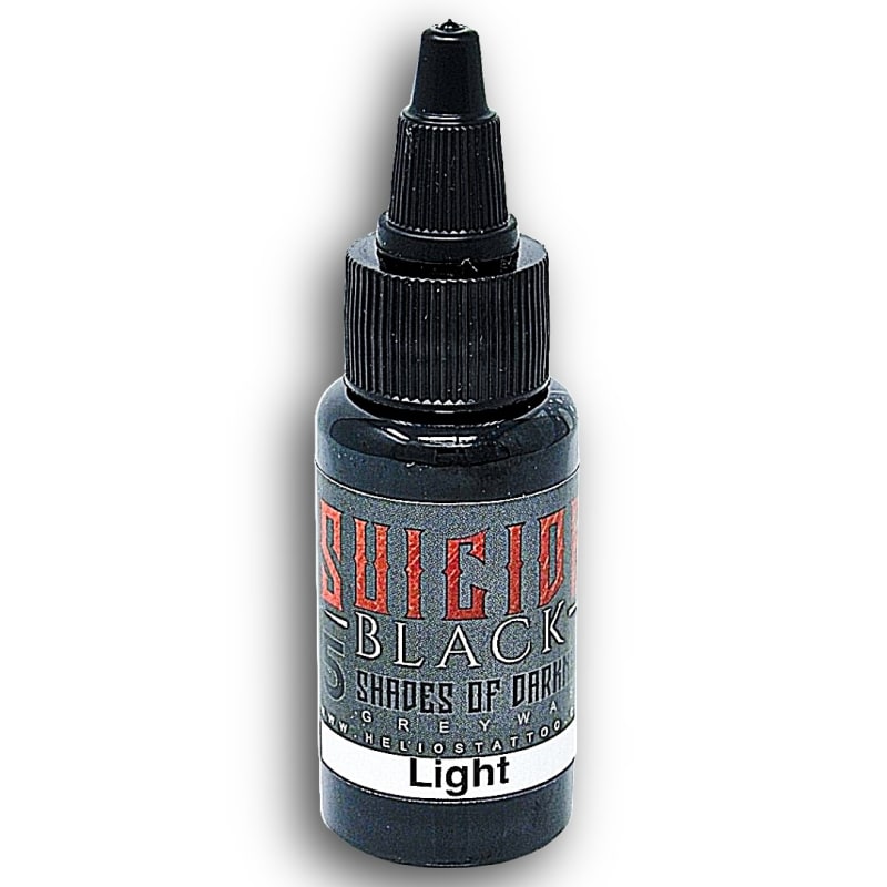 Bottle of Helios Suicide Black Greywash Light tattoo ink – 20% opacity pale grey for soft shading Bottle of Helios Suicide Black Greywash Light tattoo ink – 20% opacity pale grey for soft shading