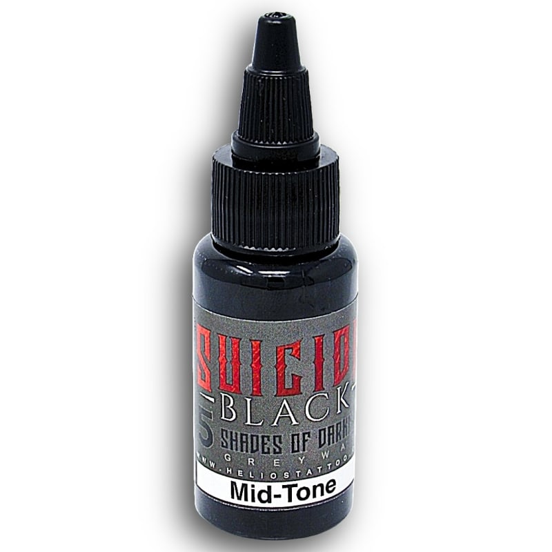 Bottle of Helios Suicide Black Greywash Mid-Tone tattoo ink – 60% opacity dark grey for smooth shading and depth Bottle of Helios Suicide Black Greywash Mid-Tone tattoo ink – 60% opacity dark grey for smooth shading and depth