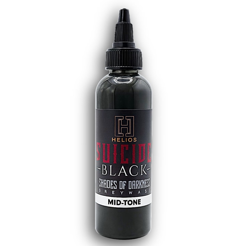 Bottle of Helios Suicide Black Greywash Mid-Tone tattoo ink – 60% opacity dark grey for smooth shading and depth Bottle of Helios Suicide Black Greywash Mid-Tone tattoo ink – 60% opacity dark grey for smooth shading and depth
