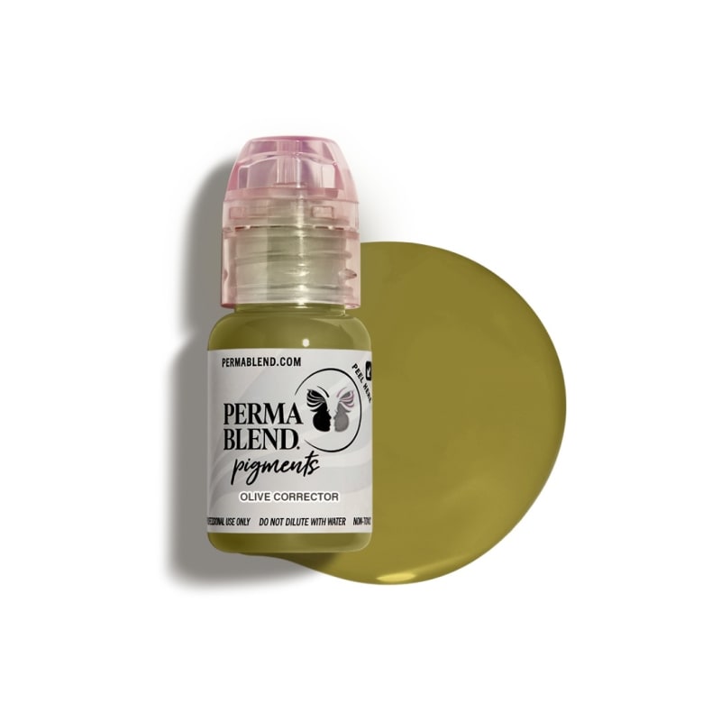 Perma Blend Olive Corrector pigment bottle â€“ green-toned eyebrow tattoo pigment corrector for neutralizing red and warm undertones in healed brows