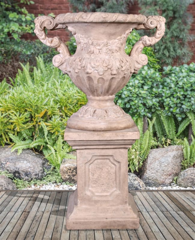 Floral Scrolled Urn On Stone Base in Stone Cast Finish by AFD Home - AFD-12019170