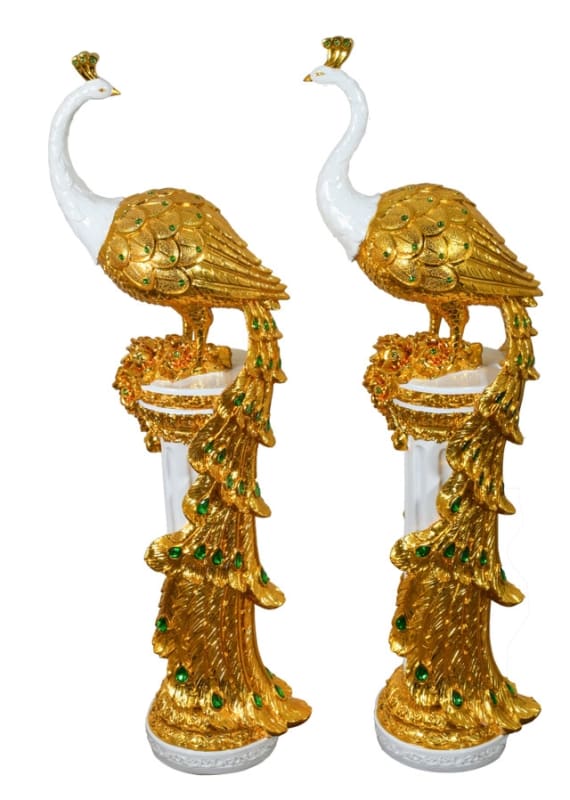 2 Piece Large Emerald Peacocks on Pedestal in Golden Finish by AFD Home - AFD-12024004