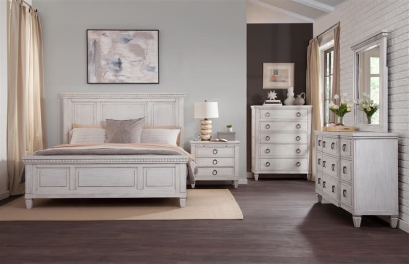 Salter Path Queen Bed 6 Piece Bedroom Set in White w/ Grain Finish by American Woodcrafters - AME-1020-QPNPN-4PC