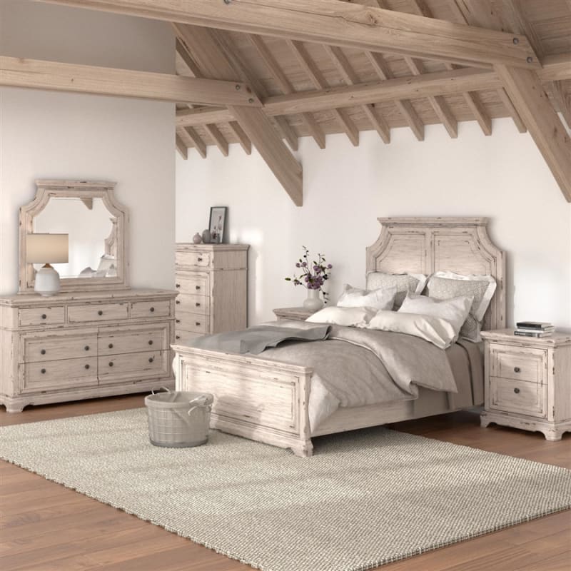 Providence Master 6 Piece Bedroom Set in Antique White Finish by American Woodcrafters - AME-1910-QPNPN-4PC