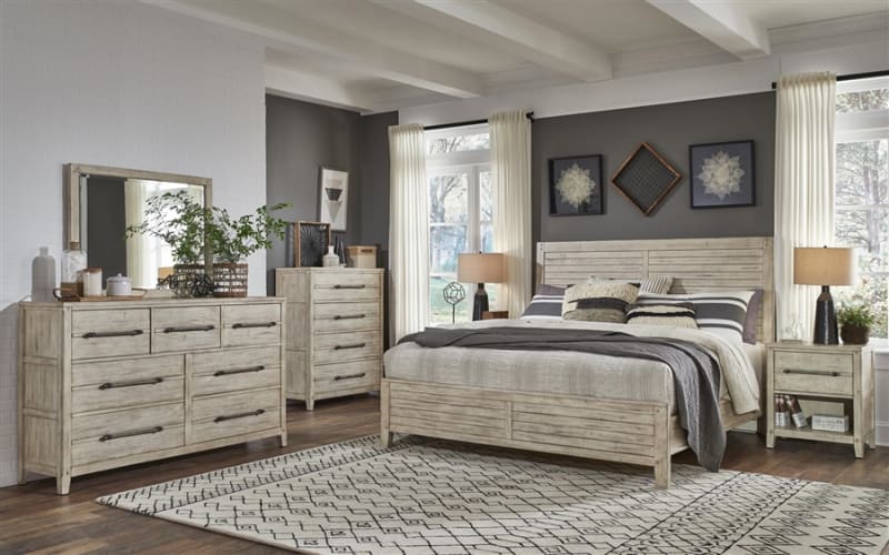 Aurora 6 Piece Bedroom Set with Panel Footboard in Whitewash Finish by American Woodcrafters - AME-2810-QPNPN-4PC