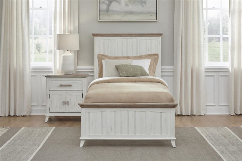 Beach Comber Twin Panel Bed in Weathered White with Brown Top Finish by American Woodcrafters - AME-8510-33PAN