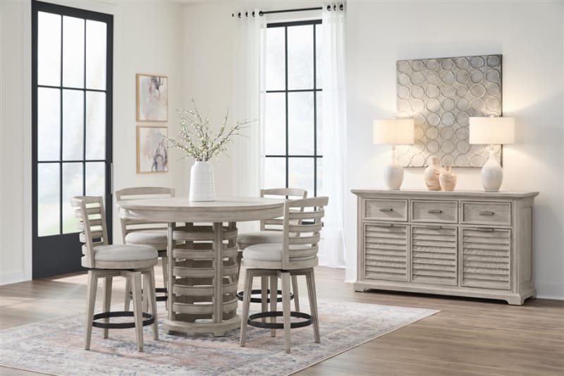Heritage Coast Round Table 5 Piece Dining Set in Sea Oat Finish by American Woodcrafters - AME-D-3300-CTRHT-5PC
