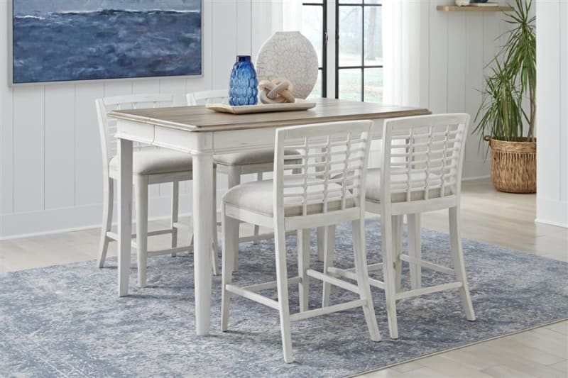 Beach Comber Counter Height Table 5 Piece Dining Set in Weathered White Finish by American Woodcrafters - AME-D-8510-COUNTER-5PC
