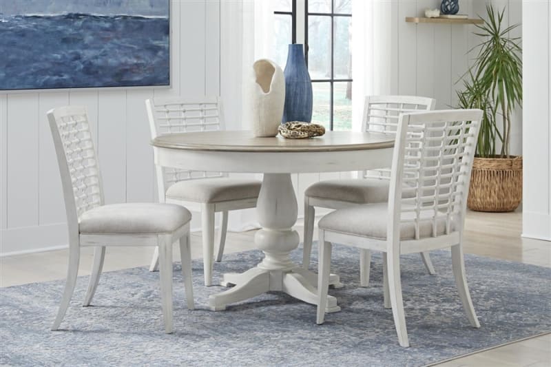 Beach Comber Round Table 5 Piece Dining Set in Weathered White Finish by American Woodcrafters - AME-D-8510-REG-5PC