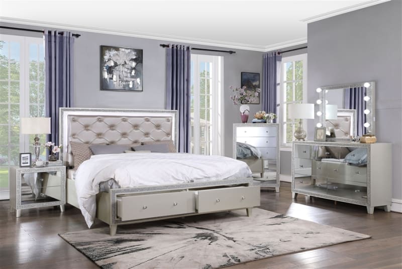 Sliverfluff 6 Piece Bedroom Set w/ Storage in PU & Champagne Finish by Acme - 00242