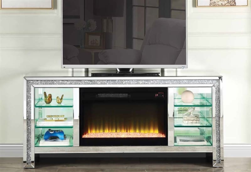 Noralie 59 Inch TV Console w/Fireplace & LED in Mirrored & Faux Diamonds Finish by Acme - 00317