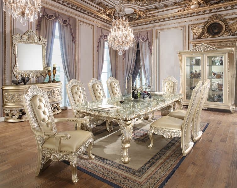 Vatican 7 Piece Dining Room Set in PU Leather, Light Gold & Champagne Silver Finish by Acme - 00467