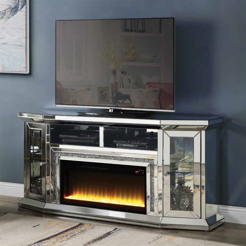 Noralie 67 Inch TV Console w/Fireplace & LED in Mirrored & Faux Diamonds Finish by Acme - 00517