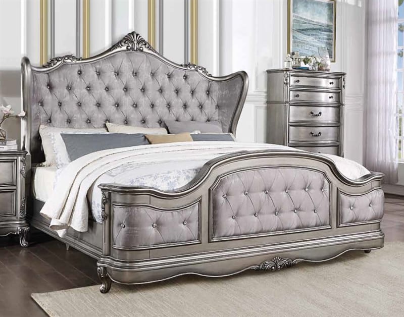 Ausonia Bed in Velvet & Antique Platinum Finish by Acme - 00603Q