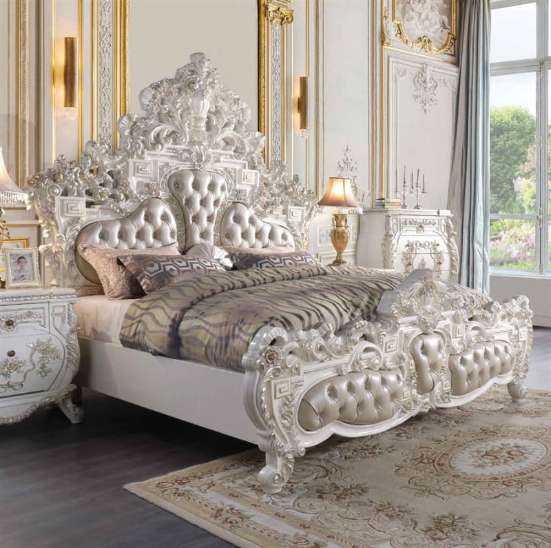 Vanaheim Bed in Beige PU & Antique White Finish by Acme - 00671EK