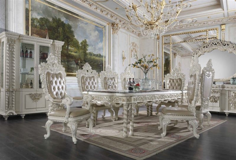 Vanaheim 7 Piece Dining Room Set in Beige PU & Antique White Finish by Acme - 00678